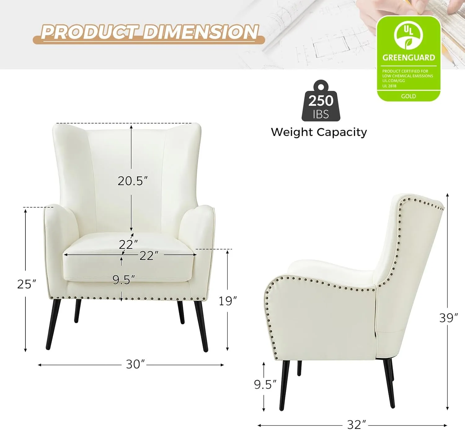 HULALA Home Faux Leather Accent Chair Set of 2 w/Removable Cushion, Comfy Upholstered Armchair with Metal Legs & Nailhead Trim Wingback Vanity Chair Desk Chair for Reading Living Room Bedroom, Ivory