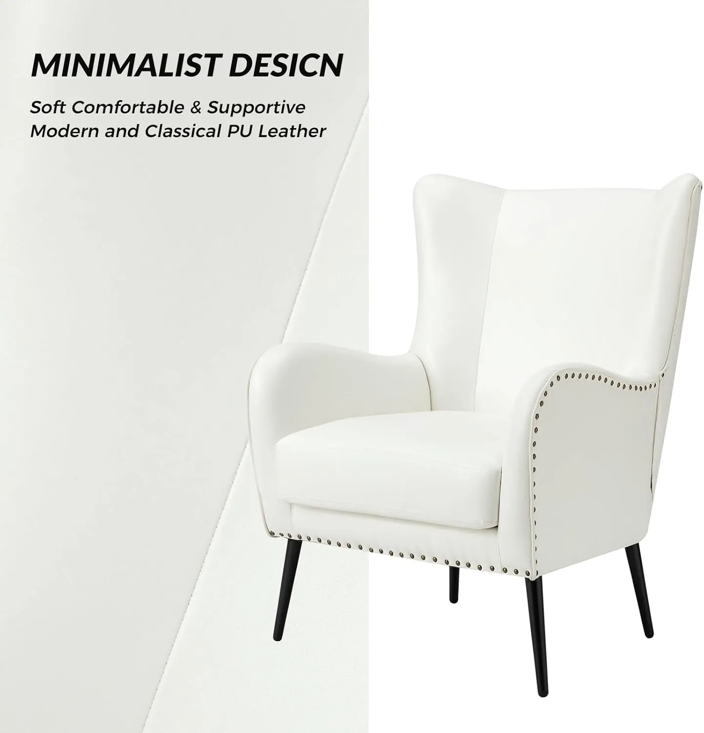HULALA Home Faux Leather Accent Chair Set of 2 w/Removable Cushion, Comfy Upholstered Armchair with Metal Legs & Nailhead Trim Wingback Vanity Chair Desk Chair for Reading Living Room Bedroom, Ivory