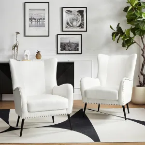 HULALA Home Faux Leather Accent Chair Set of 2 w/Removable Cushion, Comfy Upholstered Armchair with Metal Legs & Nailhead Trim Wingback Vanity Chair Desk Chair for Reading Living Room Bedroom, Ivory