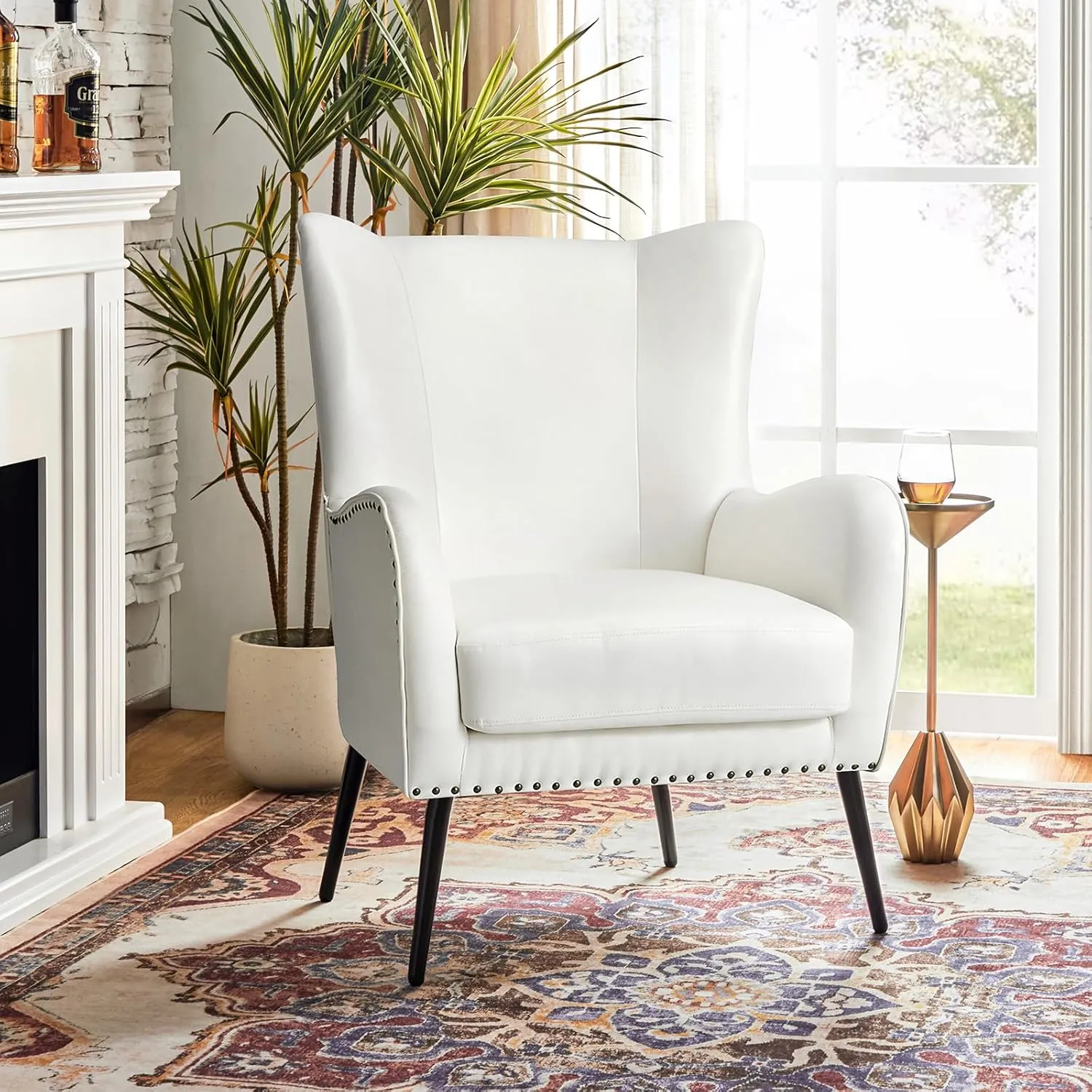 HULALA Home Faux Leather Accent Chair Set of 2 w/Removable Cushion, Comfy Upholstered Armchair with Metal Legs & Nailhead Trim Wingback Vanity Chair Desk Chair for Reading Living Room Bedroom, Ivory