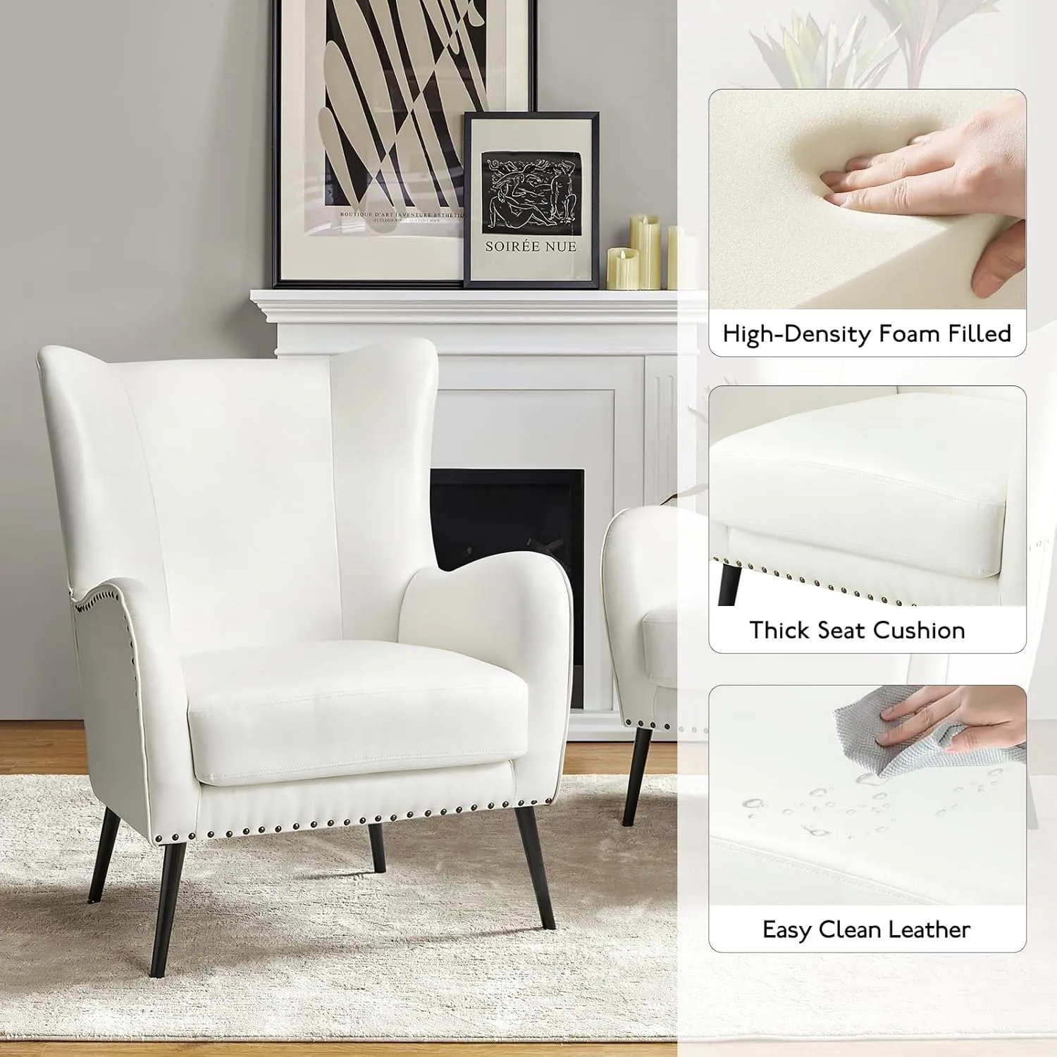 HULALA Home Faux Leather Accent Chair Set of 2 w/Removable Cushion, Comfy Upholstered Armchair with Metal Legs & Nailhead Trim Wingback Vanity Chair Desk Chair for Reading Living Room Bedroom, Ivory