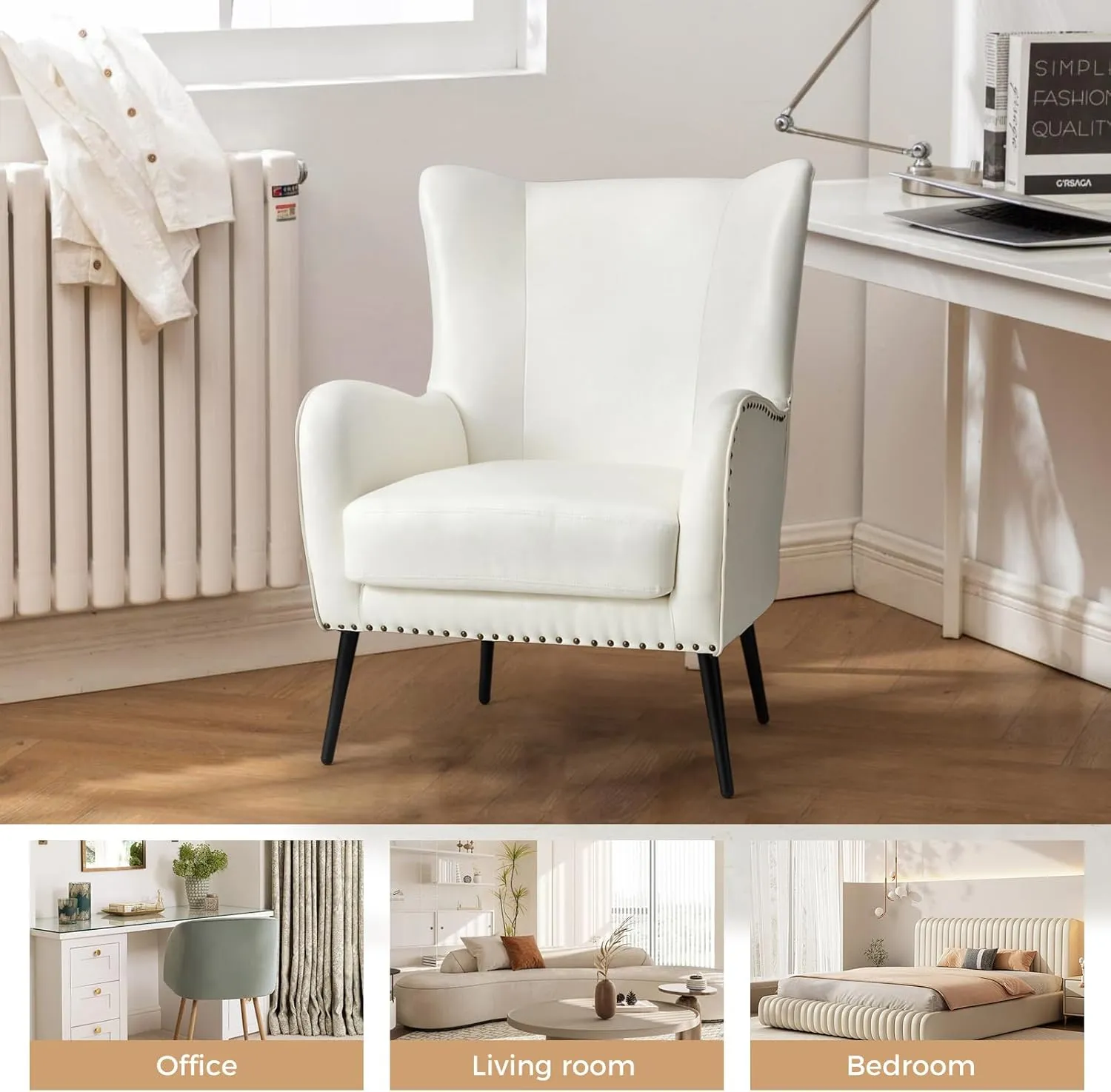 HULALA Home Faux Leather Accent Chair Set of 2 w/Removable Cushion, Comfy Upholstered Armchair with Metal Legs & Nailhead Trim Wingback Vanity Chair Desk Chair for Reading Living Room Bedroom, Ivory