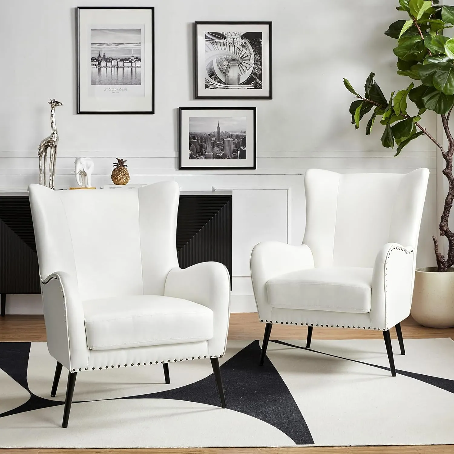 HULALA Home Faux Leather Accent Chair Set of 2 w/Removable Cushion, Comfy Upholstered Armchair with Metal Legs & Nailhead Trim Wingback Vanity Chair Desk Chair for Reading Living Room Bedroom, Ivory