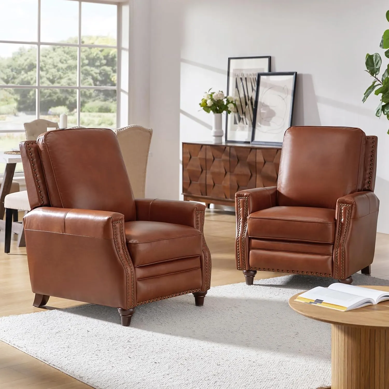 HULALA HOME Genuine Leather Recliner Chair, Classic Push Back Recliner Armchair with Thick Seat and Backrest (Saddle)