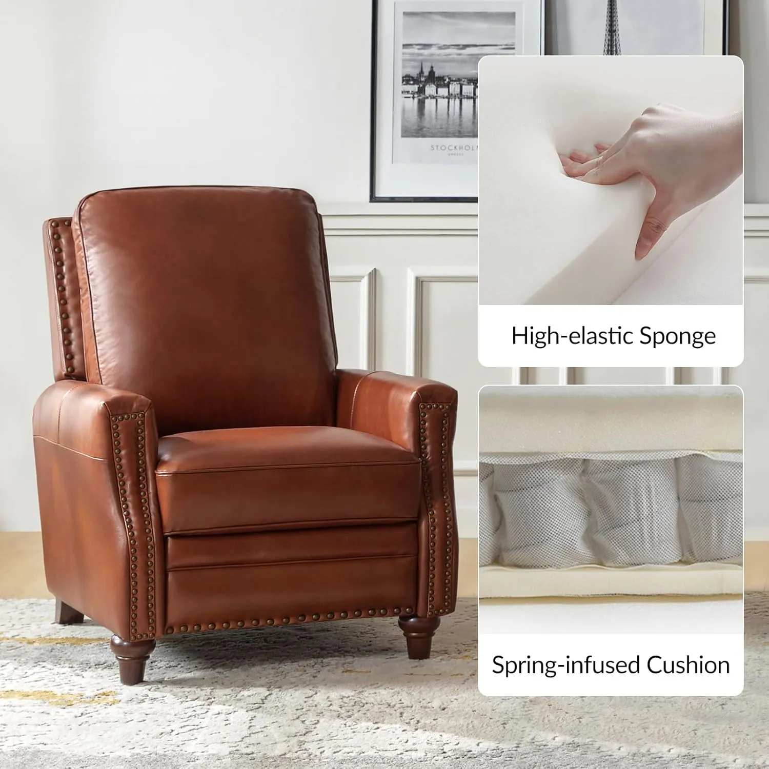 HULALA HOME Genuine Leather Recliner Chair, Classic Push Back Recliner Armchair with Thick Seat and Backrest (Saddle)