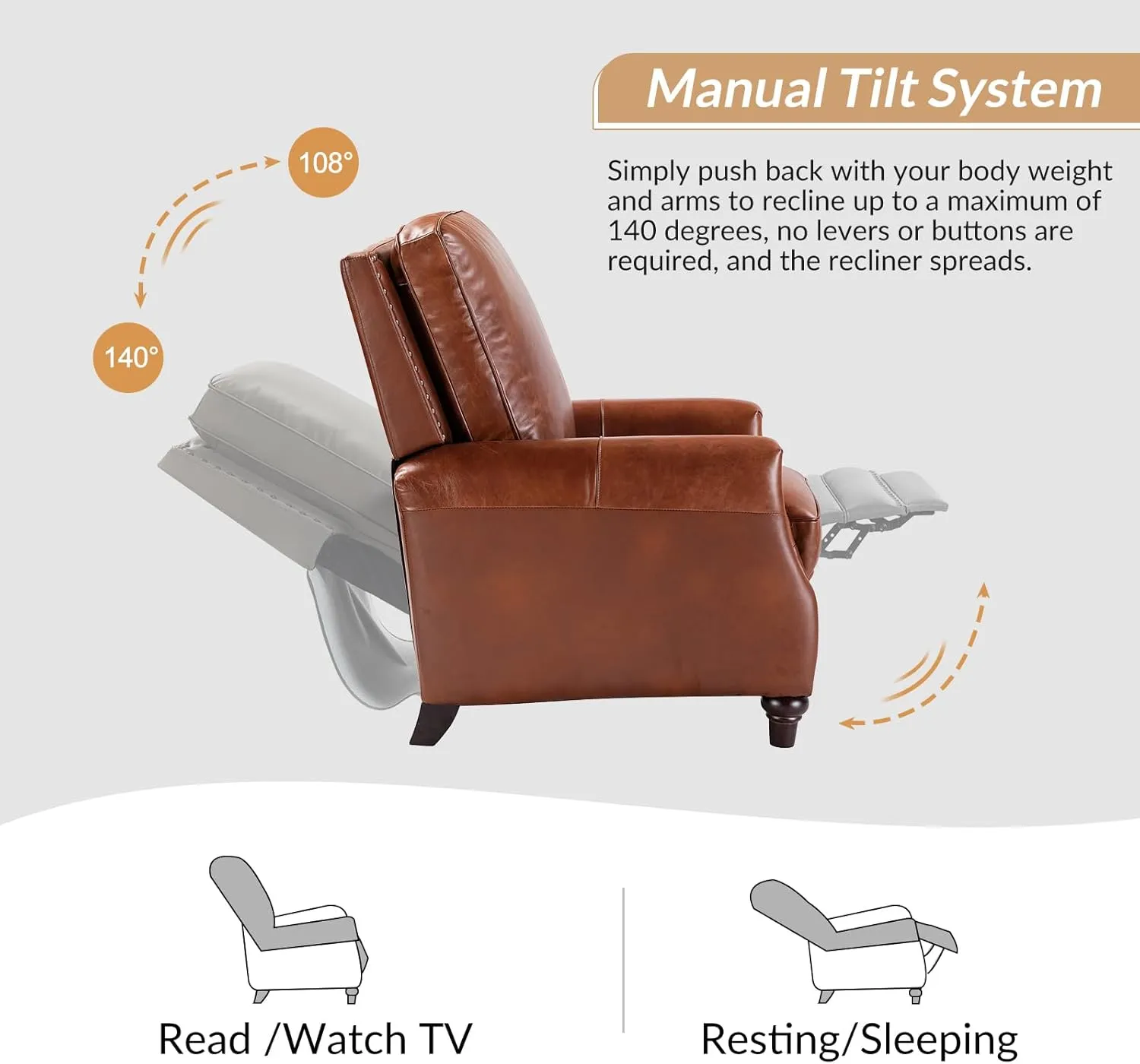 HULALA HOME Genuine Leather Recliner Chair, Classic Push Back Recliner Armchair with Thick Seat and Backrest (Saddle)