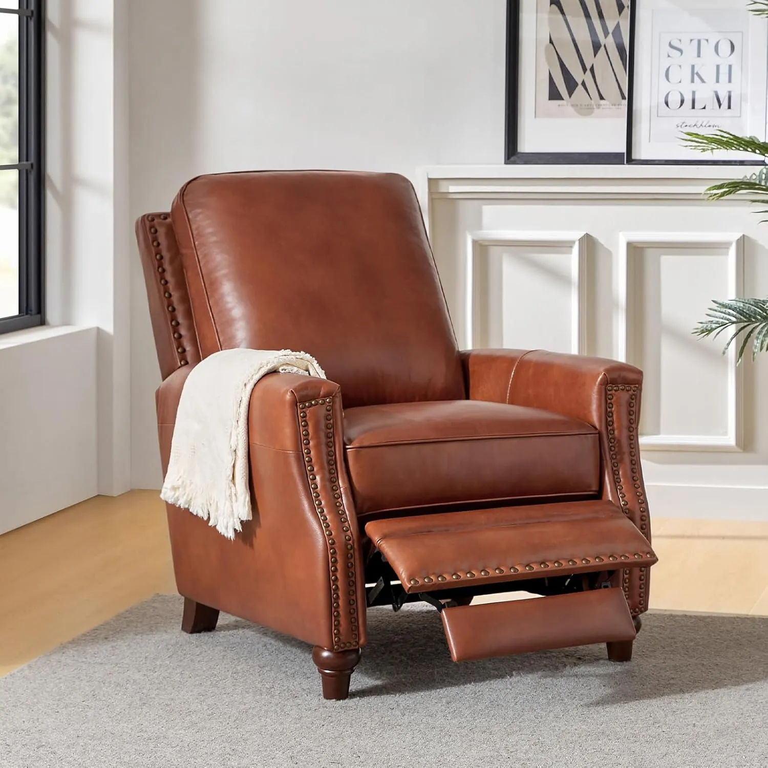 HULALA HOME Genuine Leather Recliner Chair, Classic Push Back Recliner Armchair with Thick Seat and Backrest (Saddle)