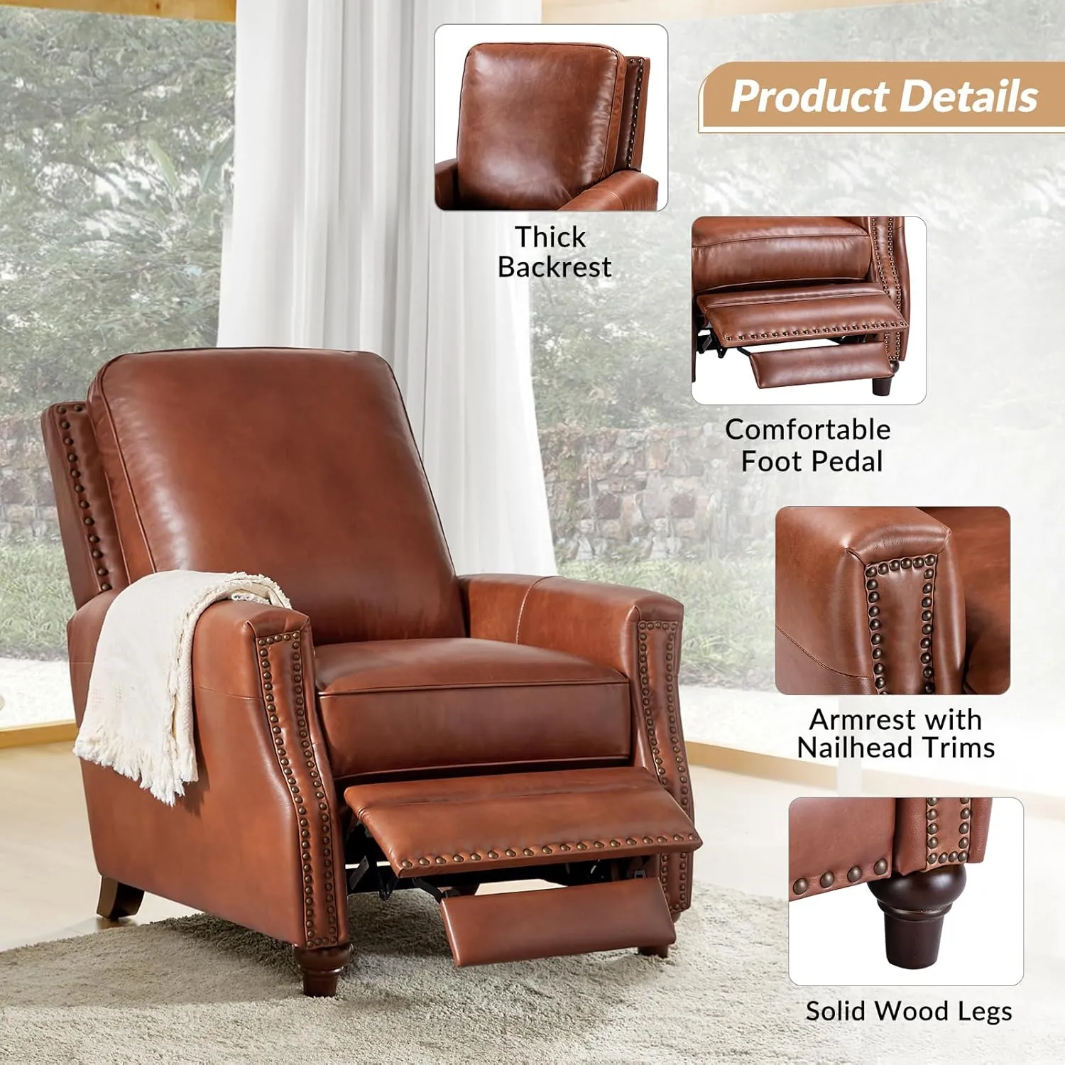 HULALA HOME Genuine Leather Recliner Chair, Classic Push Back Recliner Armchair with Thick Seat and Backrest (Saddle)