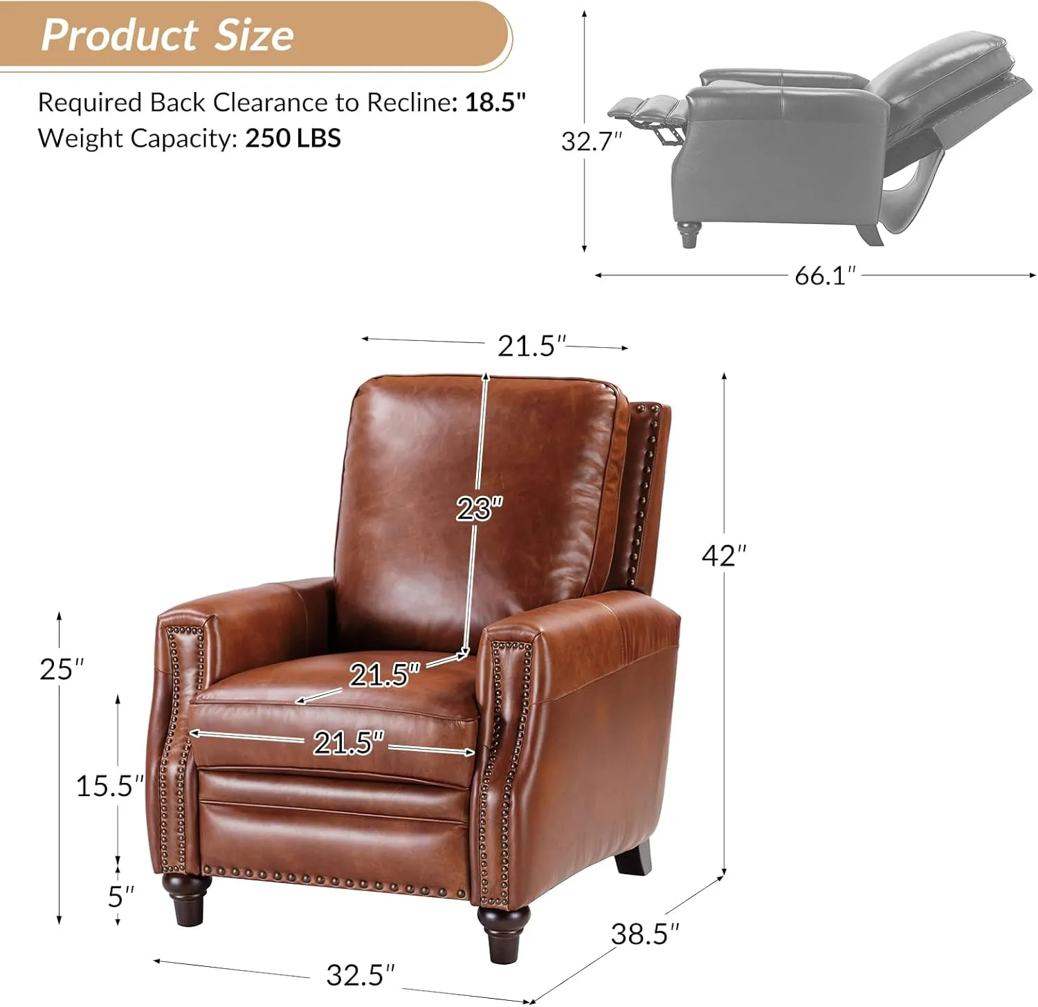 HULALA HOME Genuine Leather Recliner Chair, Classic Push Back Recliner Armchair with Thick Seat and Backrest (Saddle)