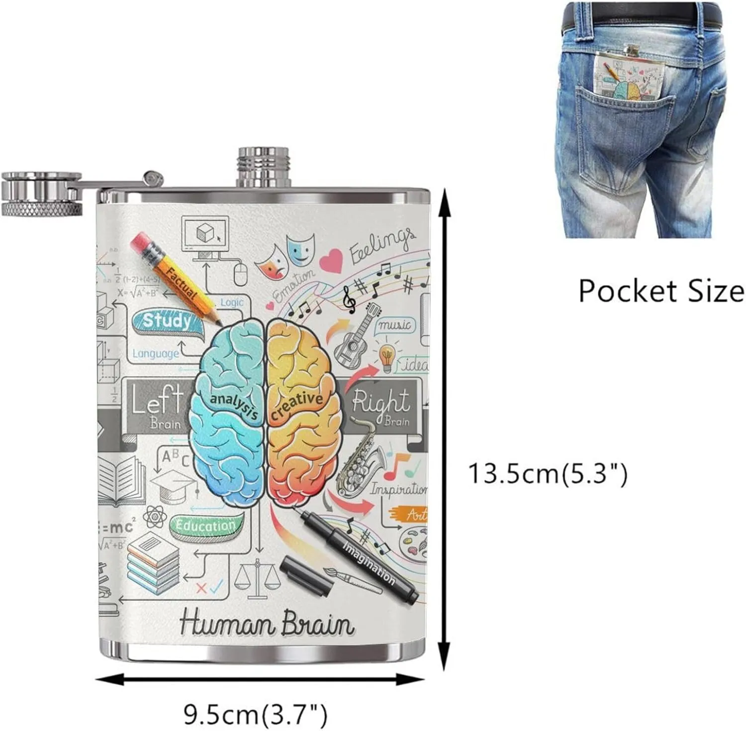 Human Brain Portable Stainless Steel Small Flagon, Outdoor Flat Pocket Liquor Flask Wine Pot Hip Flask