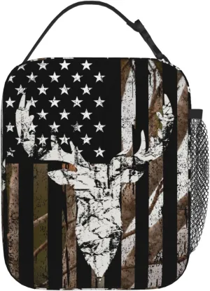 Hunting Deer Lunch Bag American Flag Lunch Box Vintage Tactical Deer Waterproof Insulated Portable Reusable Cooler Bag With Handle For Boys Girls Men Women School Work Travel Hiking Gift