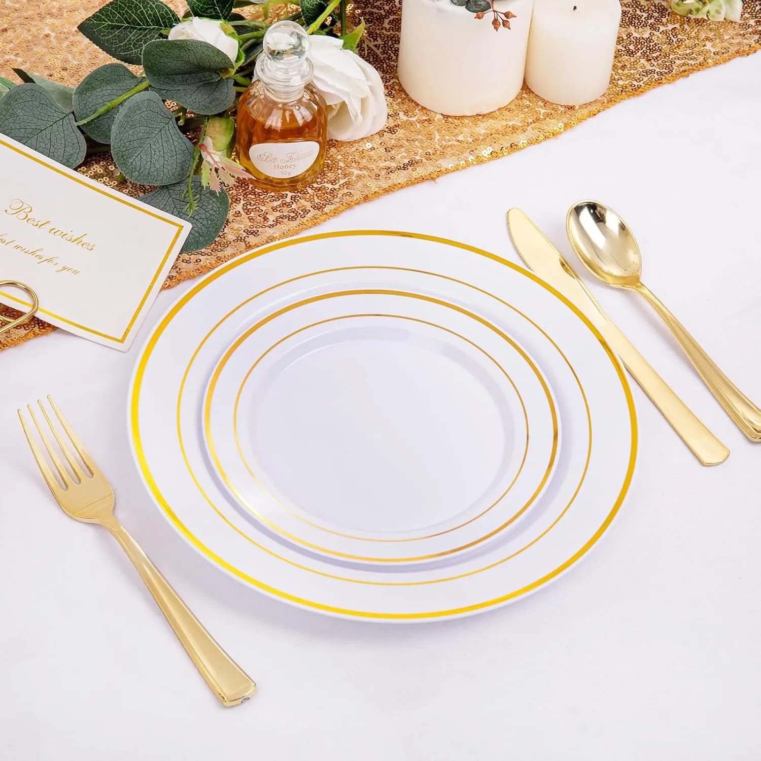 I00000 200 Pcs Gold Plastic Plates - Disposable Party Plates Include 100 Dinner Plate and 100 Elegant Dessert Plate Perfect for Party, Holiday, Wedding & Birthday