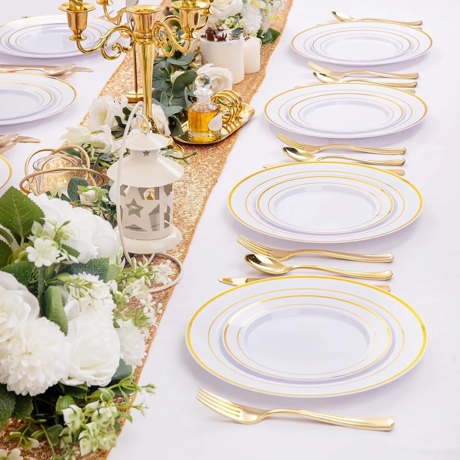 I00000 200 Pcs Gold Plastic Plates - Disposable Party Plates Include 100 Dinner Plate and 100 Elegant Dessert Plate Perfect for Party, Holiday, Wedding & Birthday