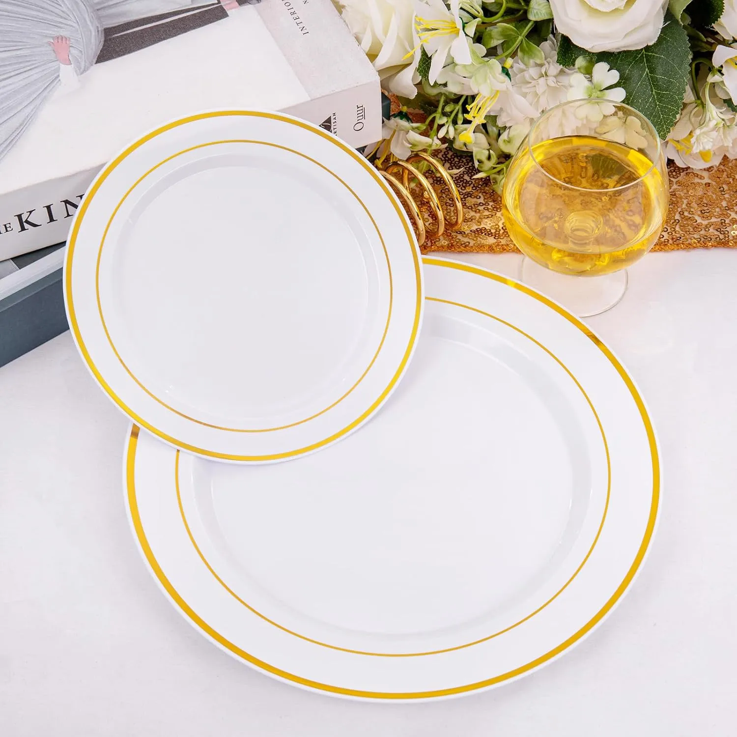 I00000 200 Pcs Gold Plastic Plates - Disposable Party Plates Include 100 Dinner Plate and 100 Elegant Dessert Plate Perfect for Party, Holiday, Wedding & Birthday