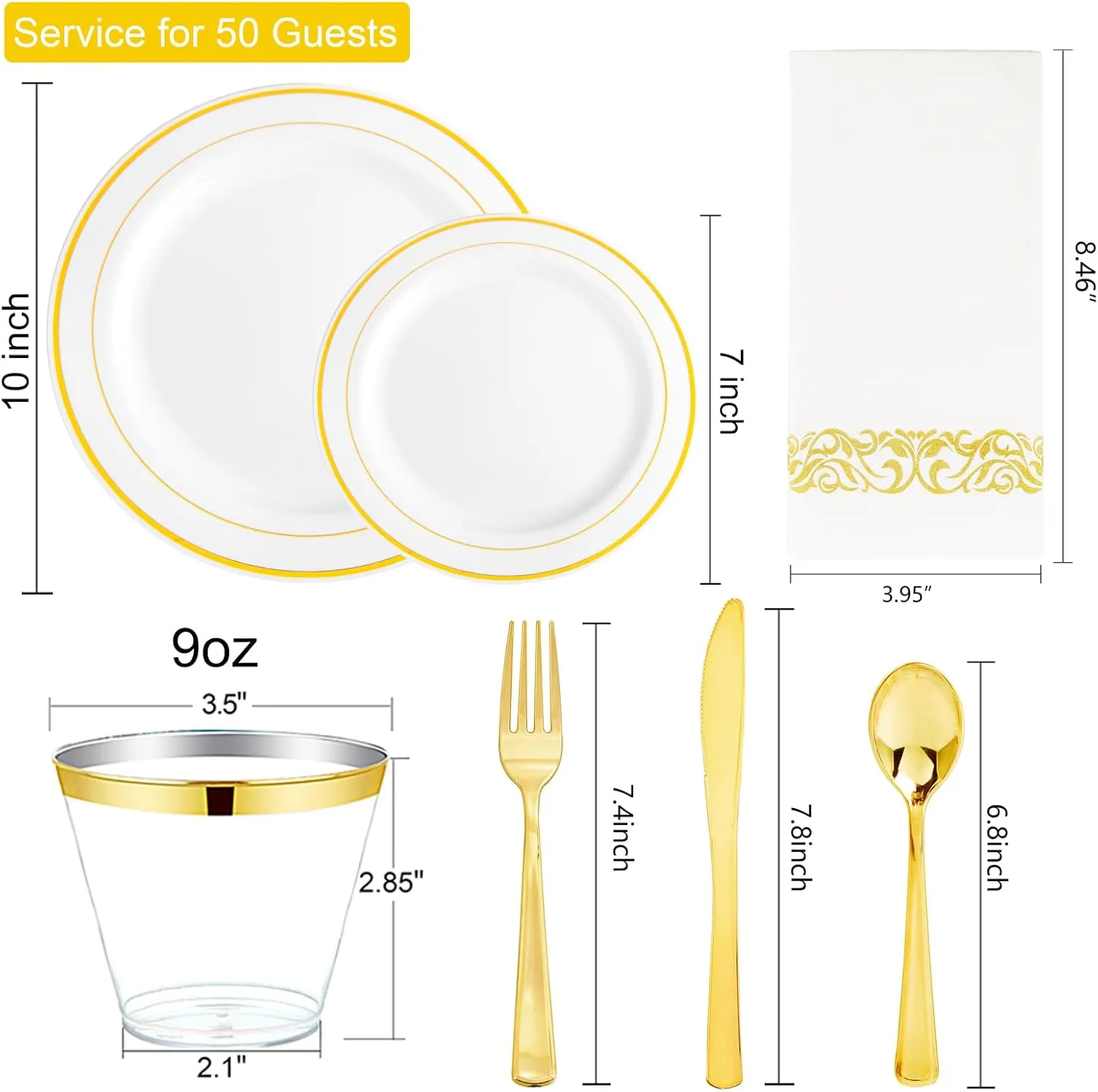 I00000 350Pcs Gold Dinnerware Set for 50 Guests, Gold Plastic Plates for Party, Include: 100 Disposable Plastic Plates, 50 Paper Napkins, 50 Cups, 50 Silverware Set Perfect for Party & Wedding