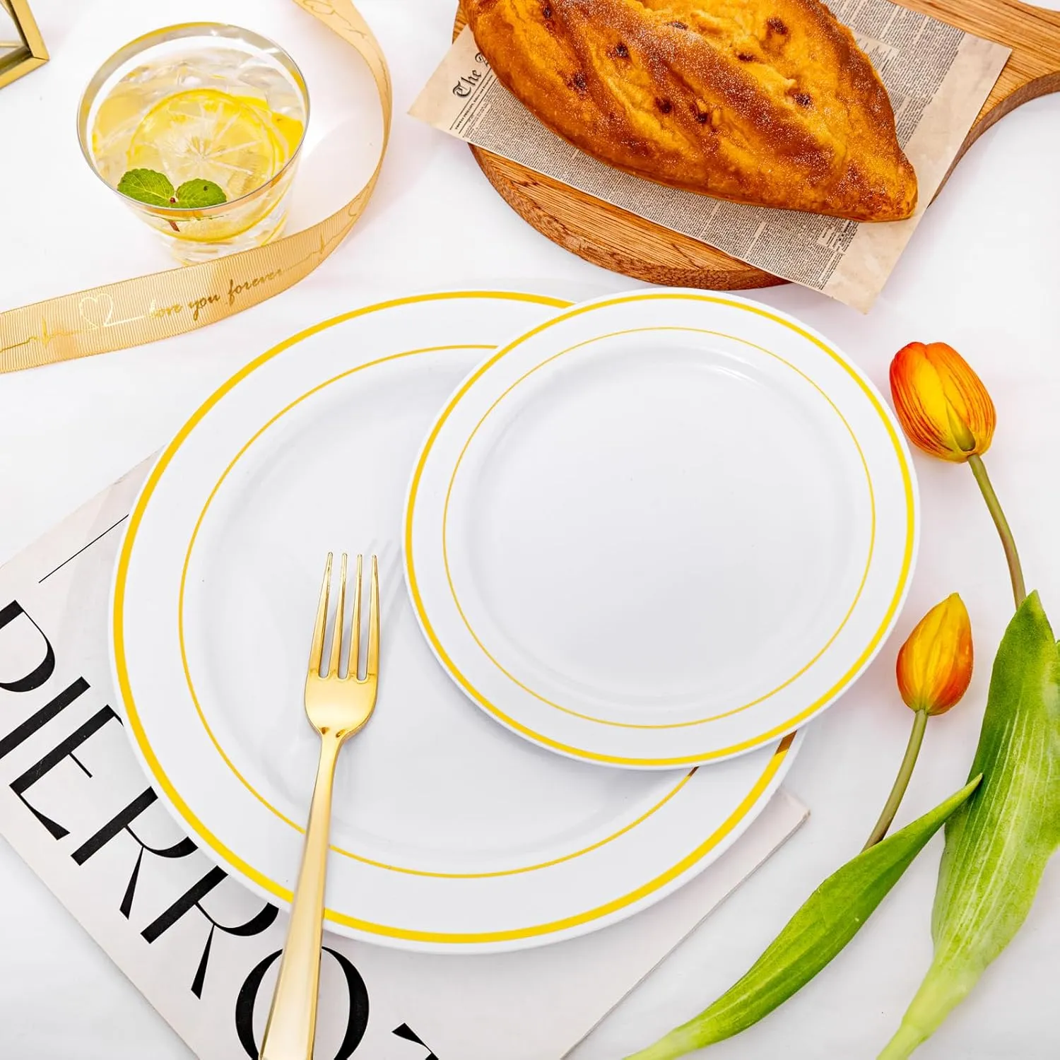 I00000 350Pcs Gold Dinnerware Set for 50 Guests, Gold Plastic Plates for Party, Include: 100 Disposable Plastic Plates, 50 Paper Napkins, 50 Cups, 50 Silverware Set Perfect for Party & Wedding