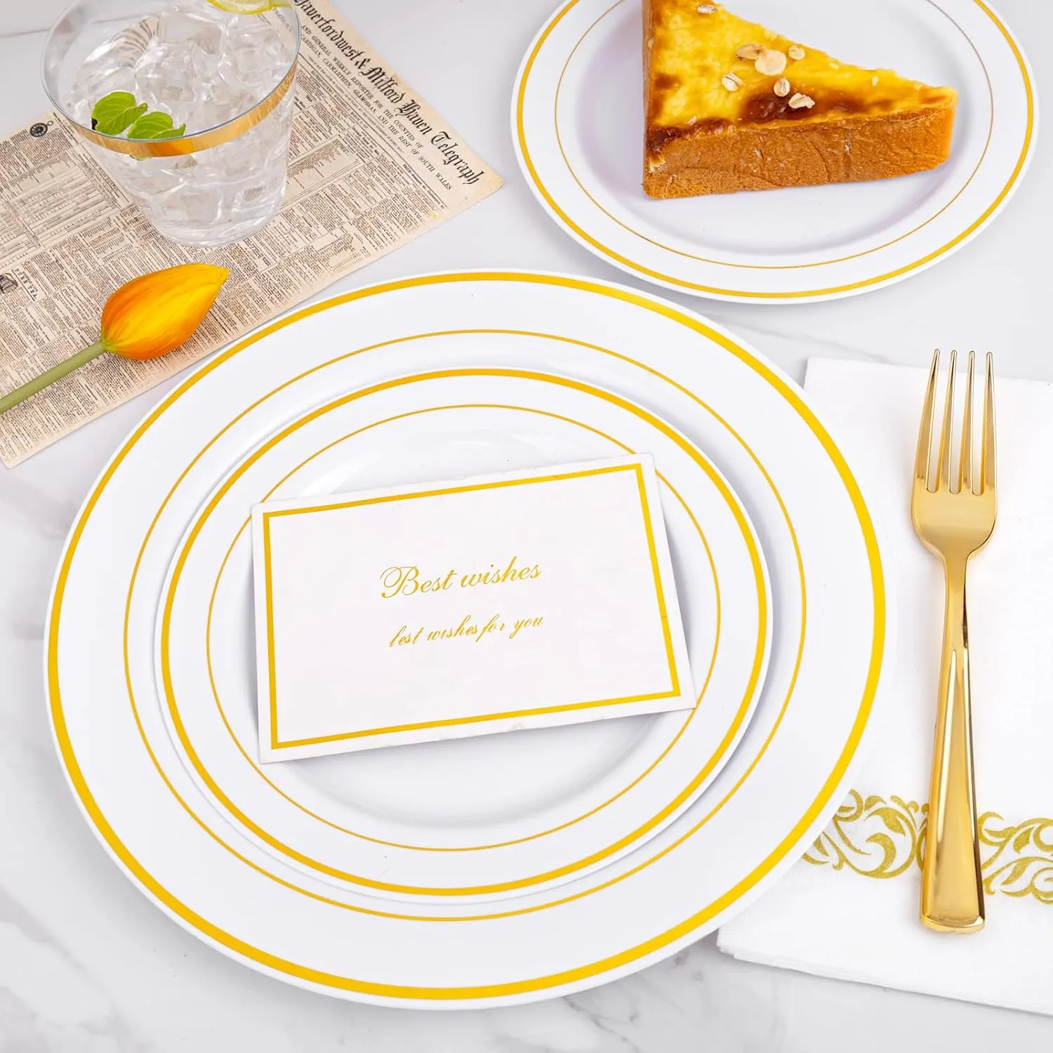 I00000 350Pcs Gold Dinnerware Set for 50 Guests, Gold Plastic Plates for Party, Include: 100 Disposable Plastic Plates, 50 Paper Napkins, 50 Cups, 50 Silverware Set Perfect for Party & Wedding