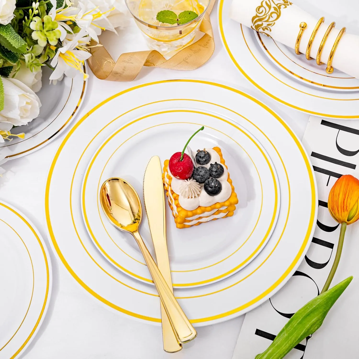 I00000 350Pcs Gold Dinnerware Set for 50 Guests, Gold Plastic Plates for Party, Include: 100 Disposable Plastic Plates, 50 Paper Napkins, 50 Cups, 50 Silverware Set Perfect for Party & Wedding