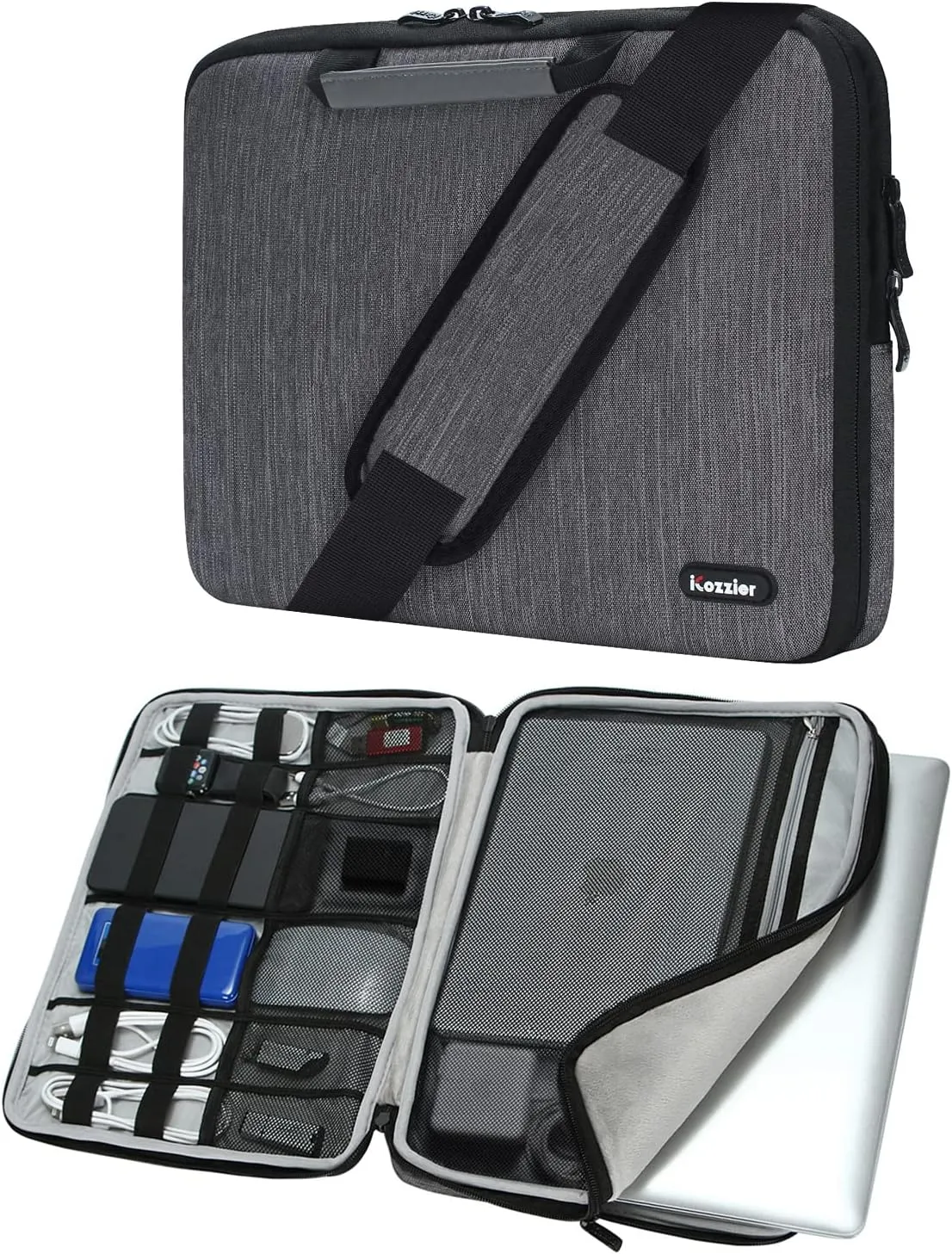 iCozzier 13-13.3 Inch Handle Laptop Briefcase Shoulder Bag Electronic Accessories Organizer Messenger Carrying Case with Shoulder&Luggage Strap - Grey