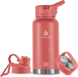 IDEUS Insulated Stainless Steel Water Bottle with 2 Leak-Proof Lids, Thermal Water Flask for Hiking Biking, 32oz, Red