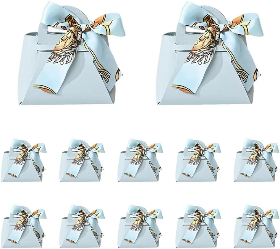ikasus Leather Wedding Candy Gift Bags with Handle Reusable Party Creative Hand-Held Favor Boxes for Baby Showers Birthday Christmas Halloween Graduation Party Favor (12 Pack Light Blue)