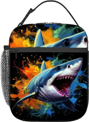 Impressive shark predatory beast color painting motif cool Insulated Iunch Bag for Men Woman Large Portable Waterproof Reusable Thermal Lunch Box with Pockets for Work Travel Picnic