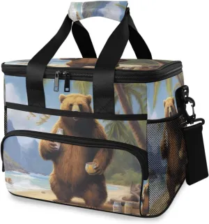 Insulated Cooler Bag 24 Cans Large Capacity Lunch Box-Tropical Bear Print Leak Proof with Shoulder Strap for Camping Picnic