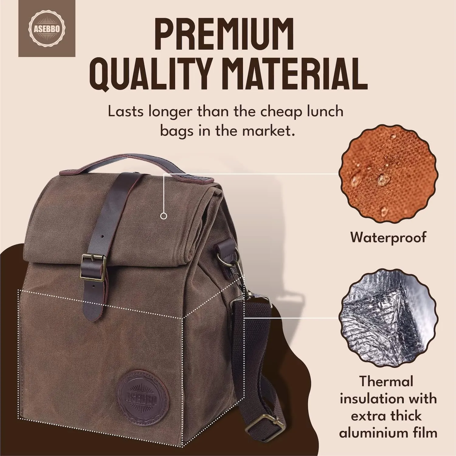 Insulated Lunch Bag 10L Sturdy Waxed Canvas Lunch Box for Men and Women, Leakproof Insulated Cooler Bag for Work Picnic Hiking, Lunchbox for Adults with Shoulder Strap (Brown)