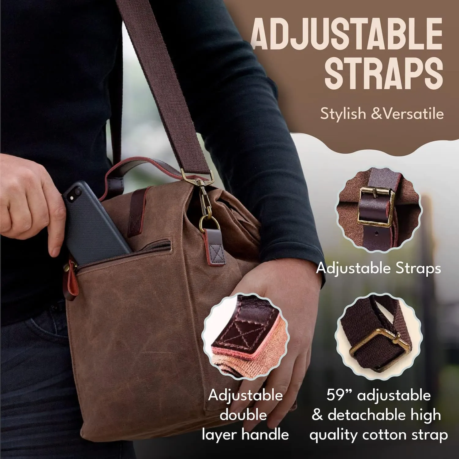 Insulated Lunch Bag 10L Sturdy Waxed Canvas Lunch Box for Men and Women, Leakproof Insulated Cooler Bag for Work Picnic Hiking, Lunchbox for Adults with Shoulder Strap (Brown)
