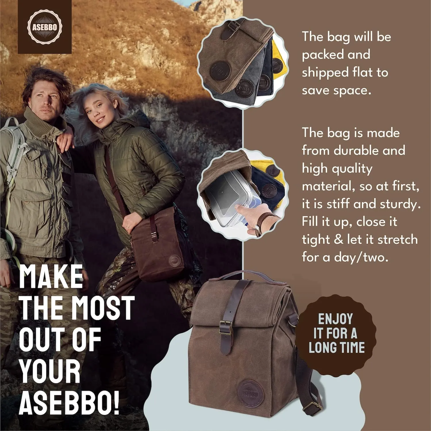 Insulated Lunch Bag 10L Sturdy Waxed Canvas Lunch Box for Men and Women, Leakproof Insulated Cooler Bag for Work Picnic Hiking, Lunchbox for Adults with Shoulder Strap (Brown)