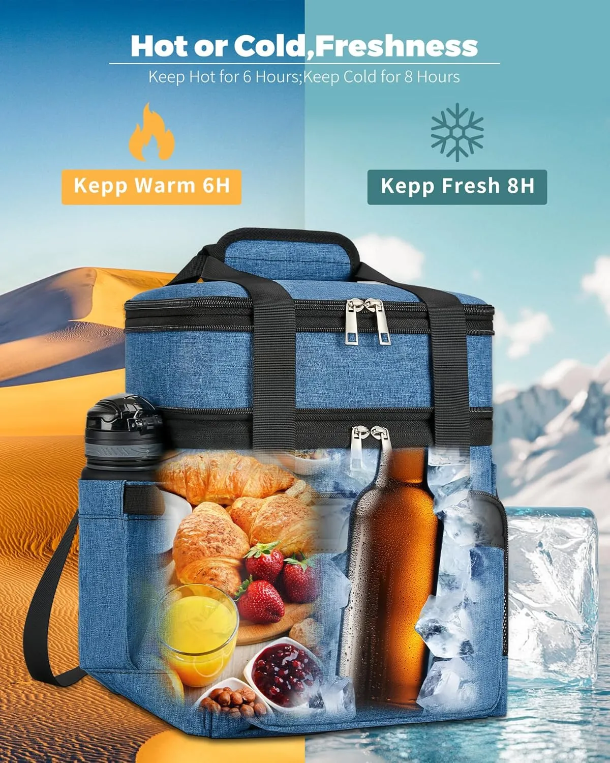 Insulated Lunch Bag & Lunch Box for Men - Double Deck Reusable Lunch Bag for Women Tote Cooler Bag Leakproof Soft Expandable - Large Lunchbox for Work/Adult/Picnic/Outdoor(Blue，15L)