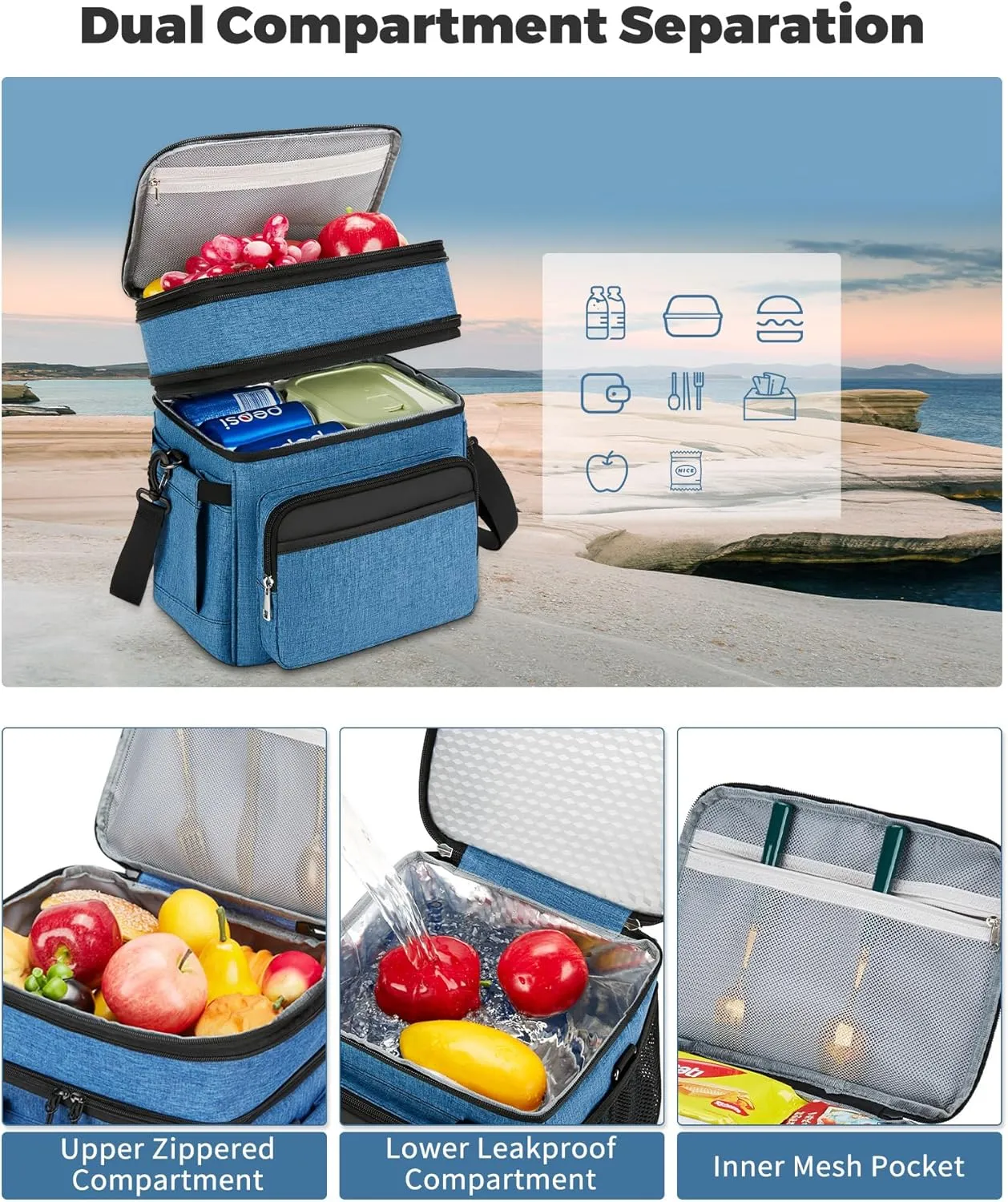Insulated Lunch Bag & Lunch Box for Men - Double Deck Reusable Lunch Bag for Women Tote Cooler Bag Leakproof Soft Expandable - Large Lunchbox for Work/Adult/Picnic/Outdoor(Blue，15L)