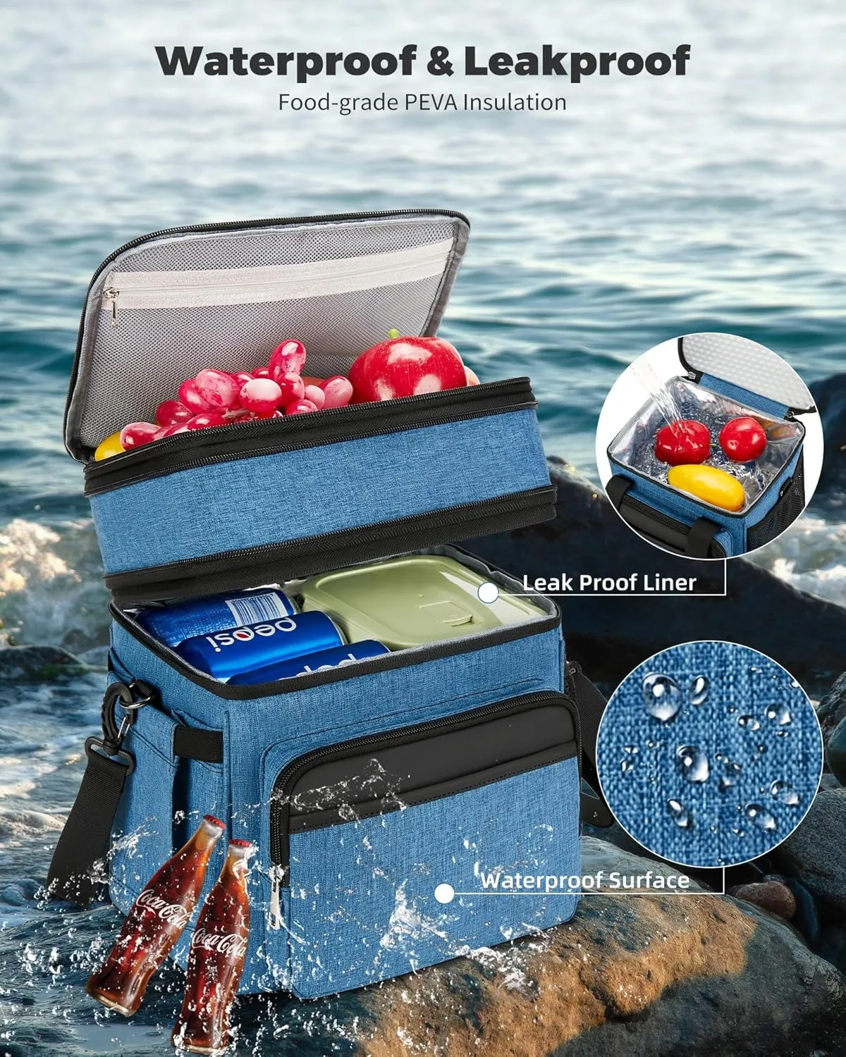 Insulated Lunch Bag & Lunch Box for Men - Double Deck Reusable Lunch Bag for Women Tote Cooler Bag Leakproof Soft Expandable - Large Lunchbox for Work/Adult/Picnic/Outdoor(Blue，15L)