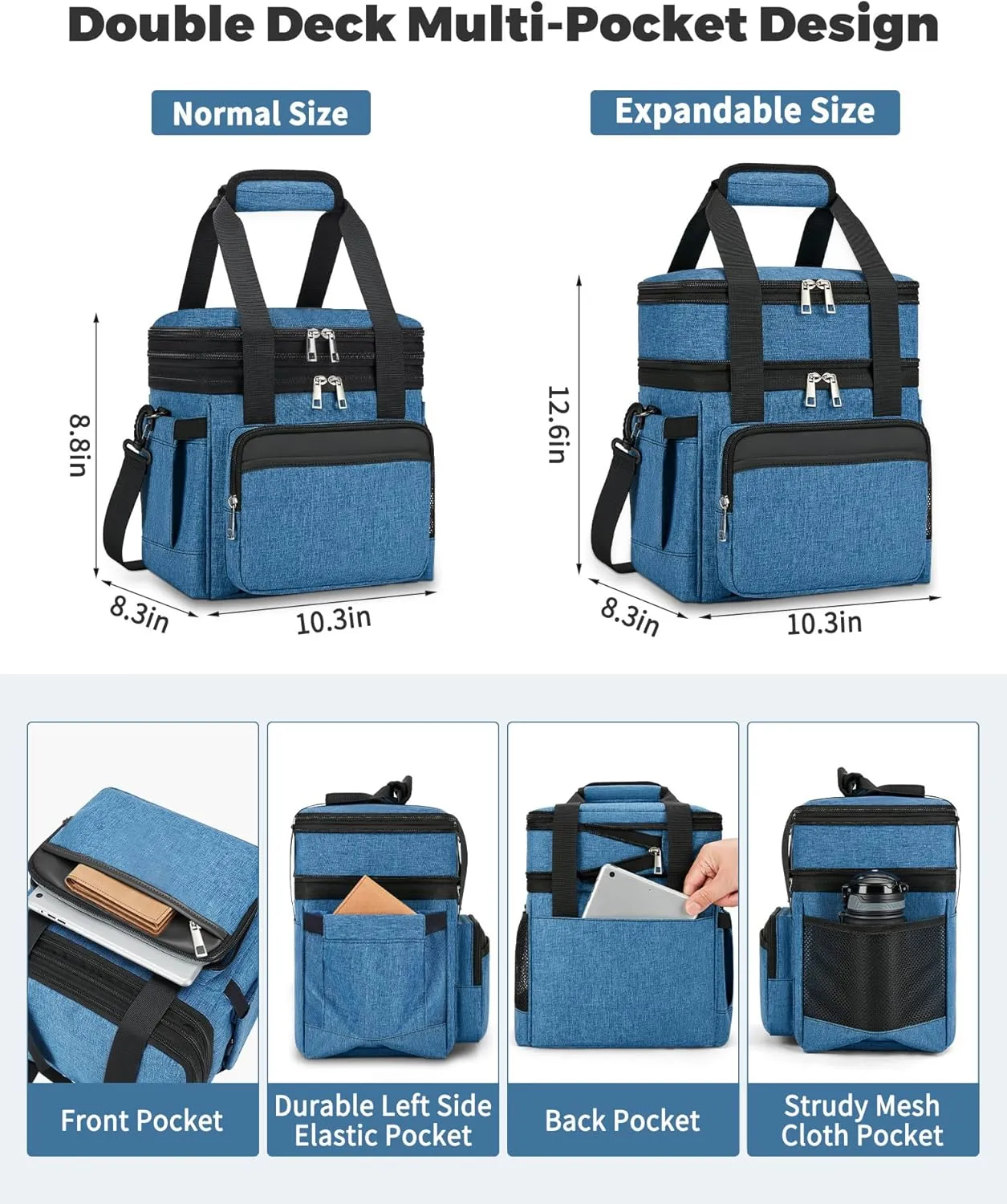 Insulated Lunch Bag & Lunch Box for Men - Double Deck Reusable Lunch Bag for Women Tote Cooler Bag Leakproof Soft Expandable - Large Lunchbox for Work/Adult/Picnic/Outdoor(Blue，15L)
