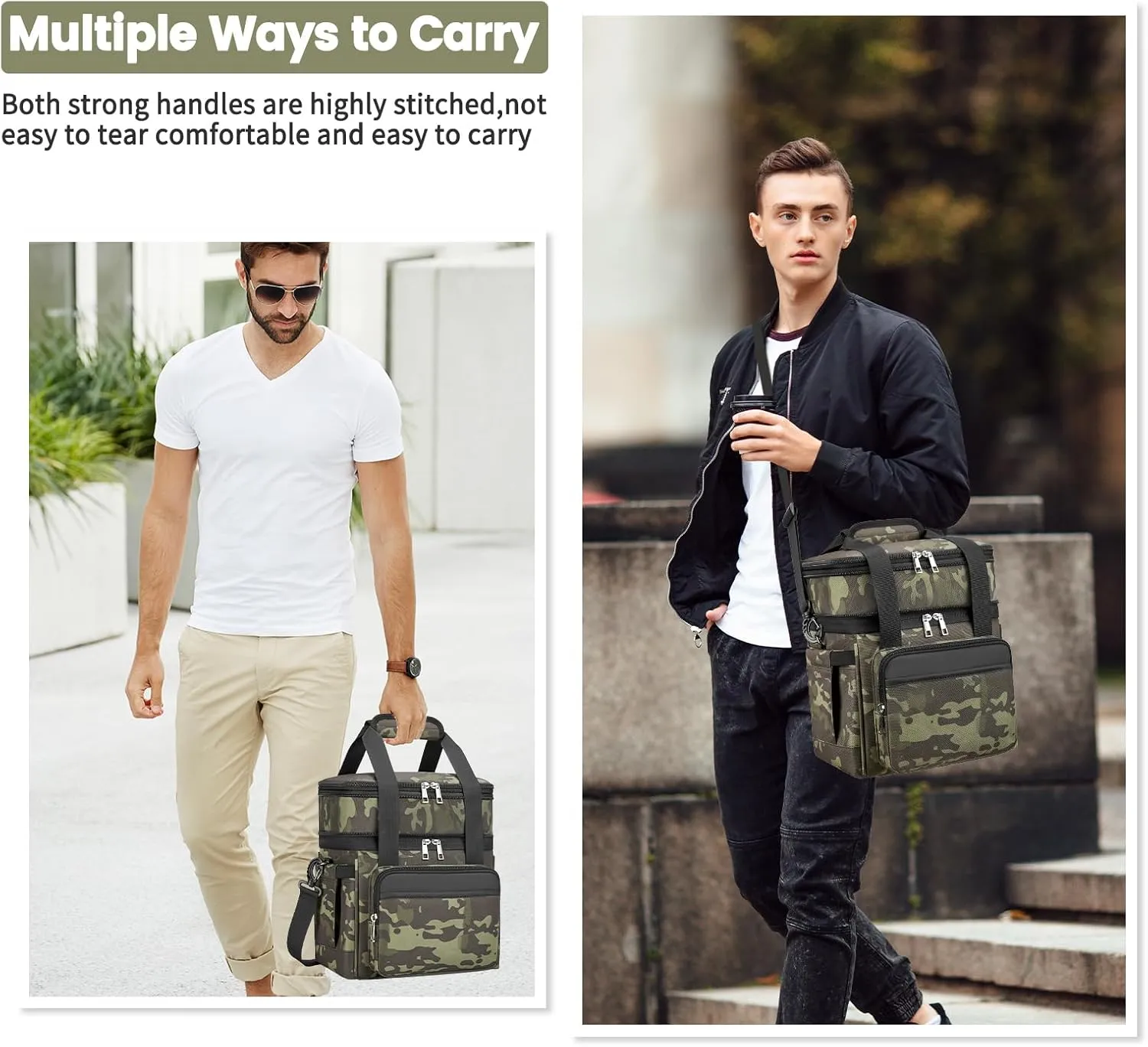 Insulated Lunch Bag & Lunch Box for Men - Double Deck Reusable Lunch Bag for Women Tote Cooler Bag Leakproof Soft Expandable - Large Lunchbox for Work/Adult/Picnic/Outdoor(Camo，15L)