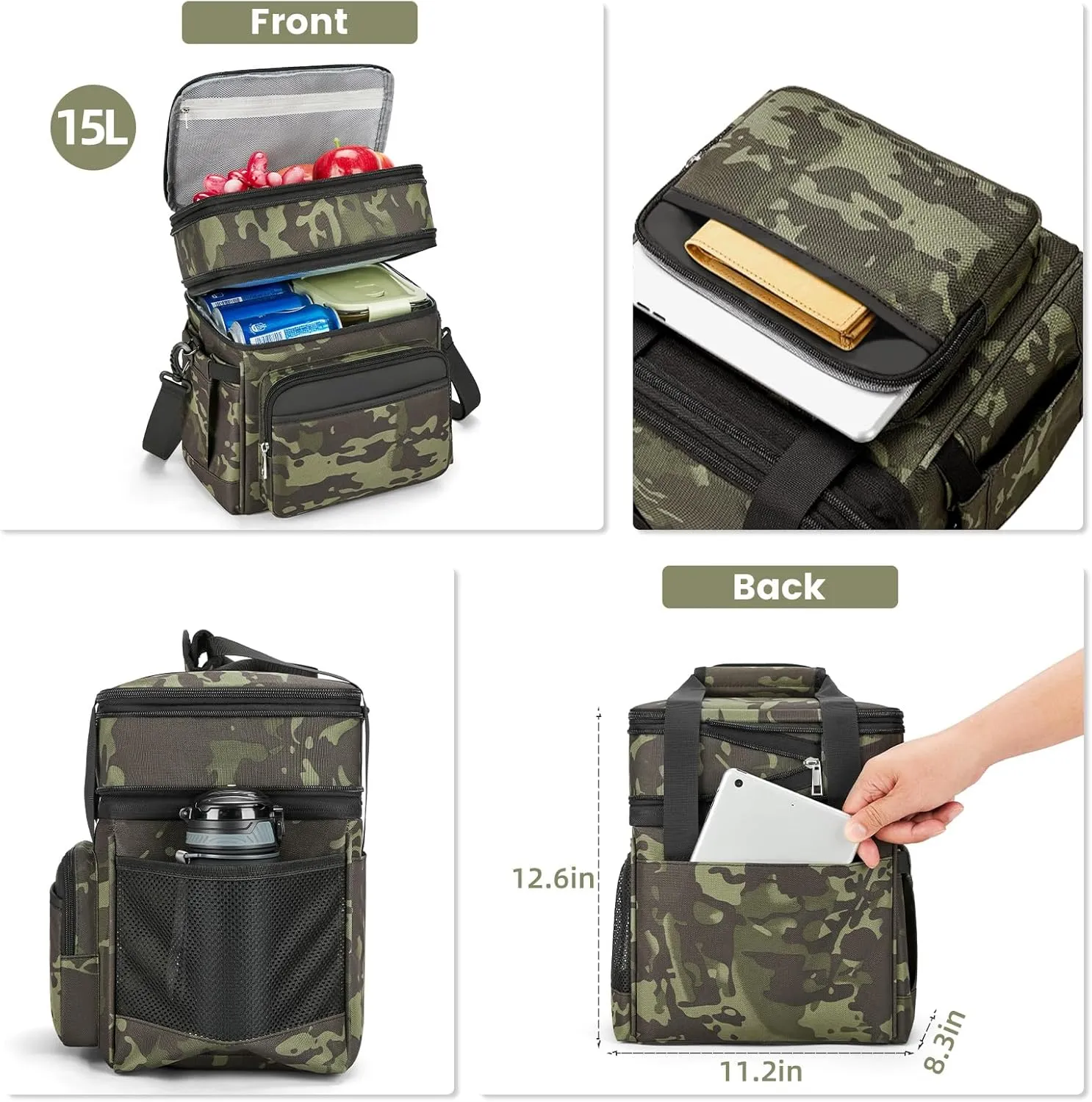 Insulated Lunch Bag & Lunch Box for Men - Double Deck Reusable Lunch Bag for Women Tote Cooler Bag Leakproof Soft Expandable - Large Lunchbox for Work/Adult/Picnic/Outdoor(Camo，15L)