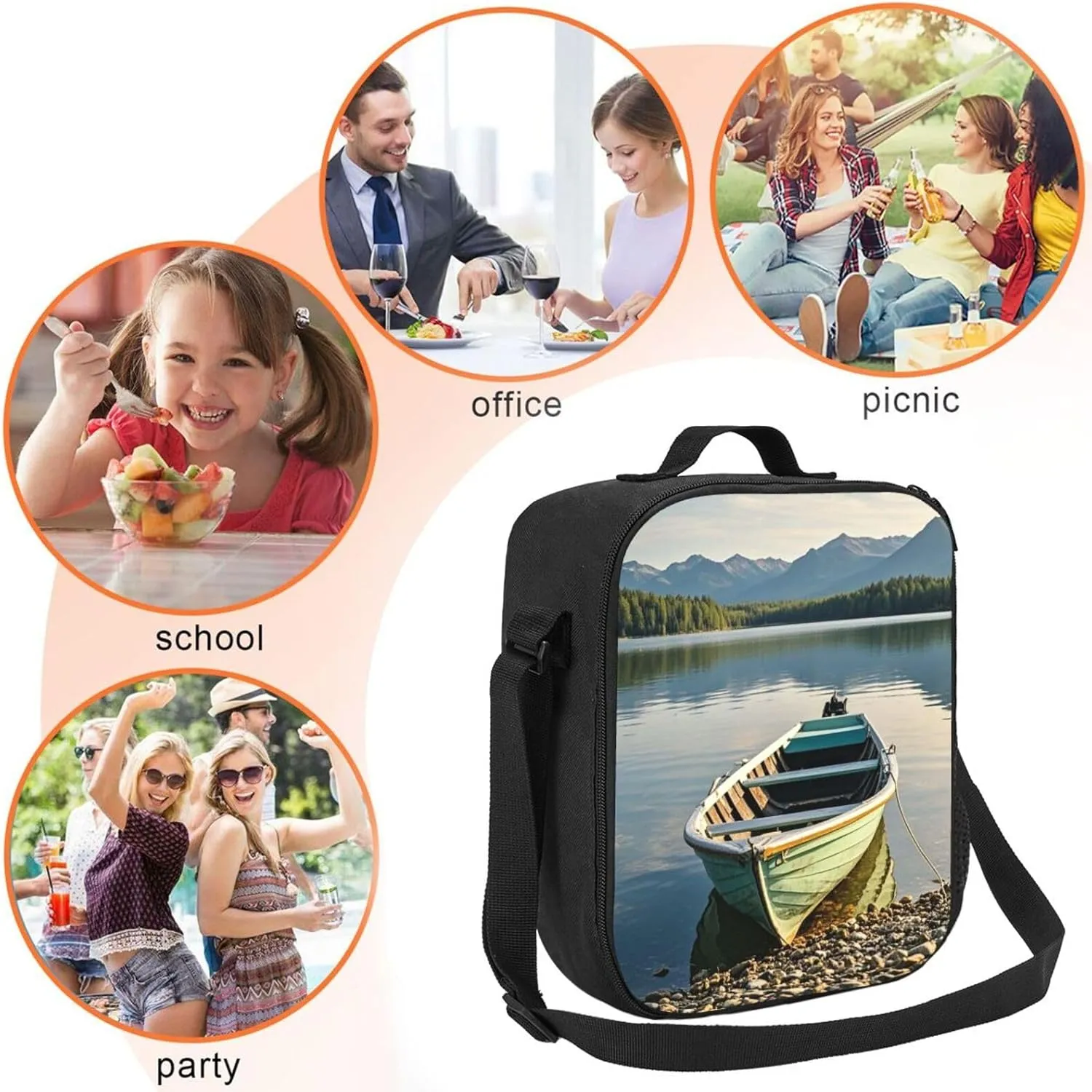 Insulated Lunch Bag Boat at Lake Shore Lunch Box for Women Men Reusable Lunch Tote Bag for Work Picnic Travel
