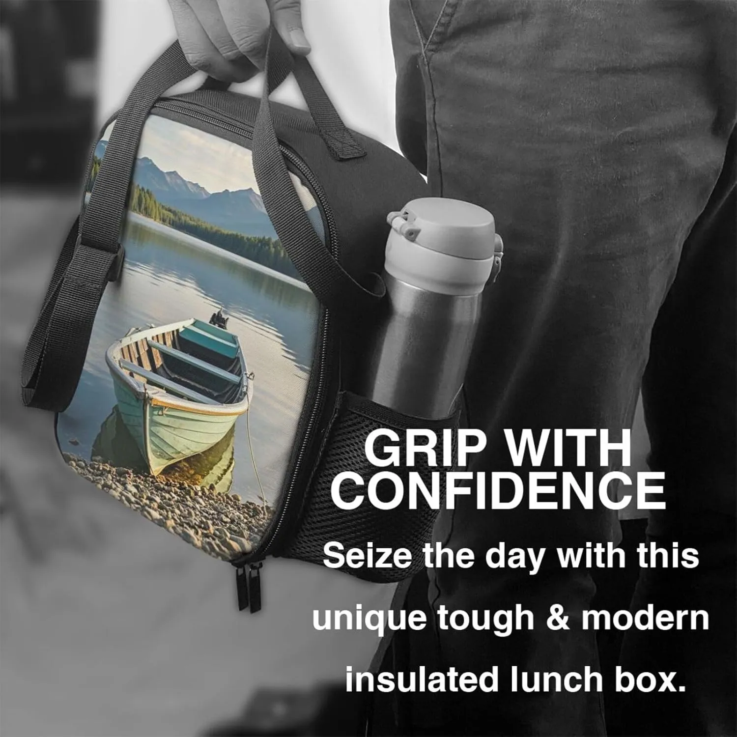 Insulated Lunch Bag Boat at Lake Shore Lunch Box for Women Men Reusable Lunch Tote Bag for Work Picnic Travel