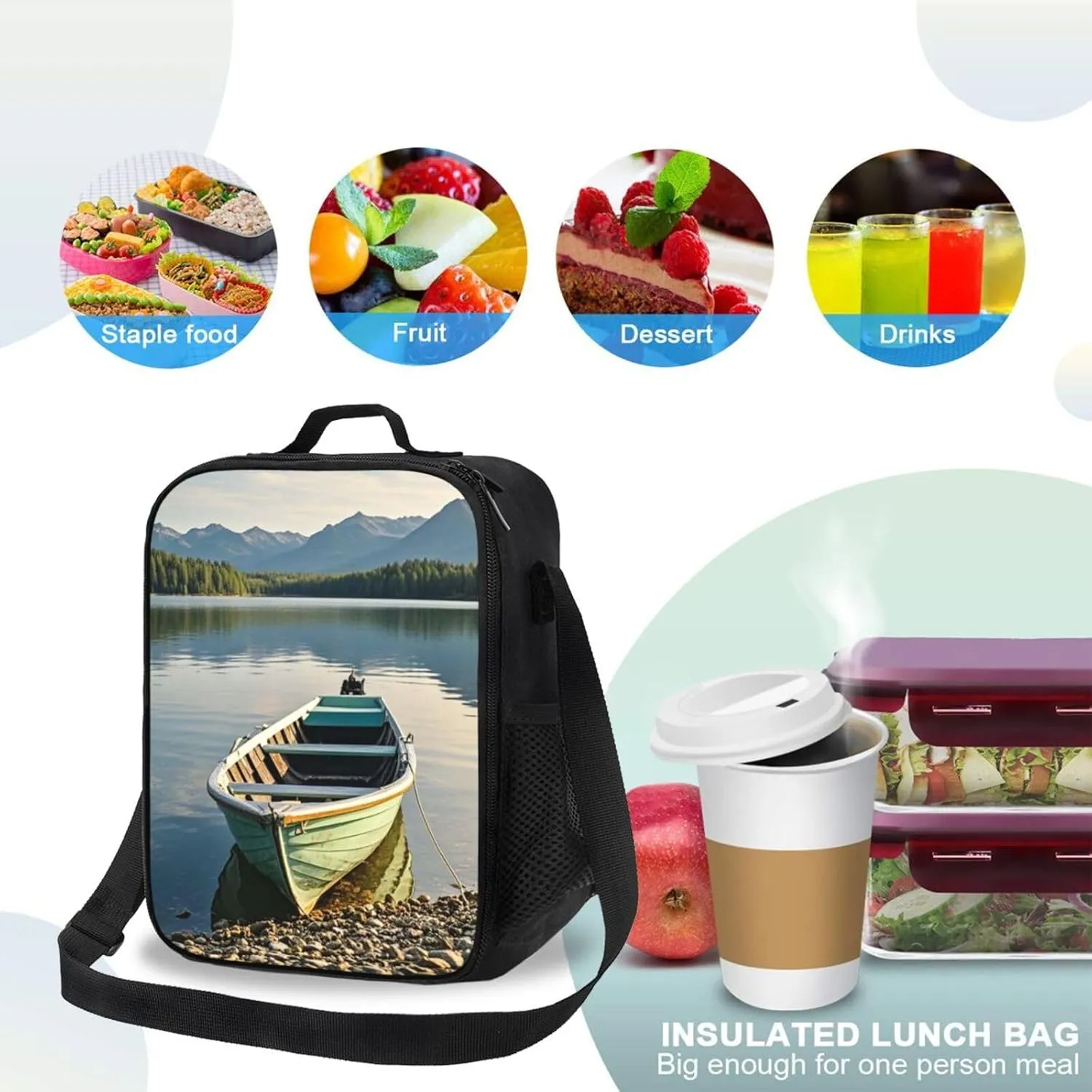 Insulated Lunch Bag Boat at Lake Shore Lunch Box for Women Men Reusable Lunch Tote Bag for Work Picnic Travel