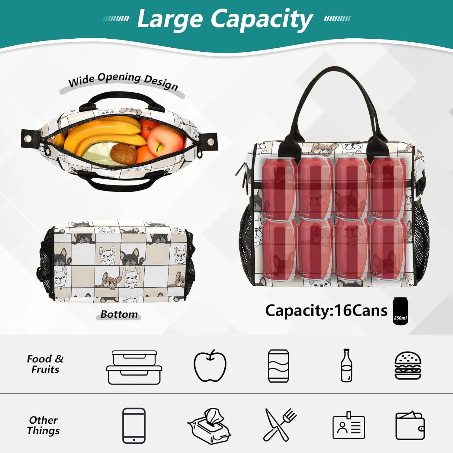 Insulated Lunch Bag Dog Probe Pattern Cooler Tote Bag for Work Picnic or Travel