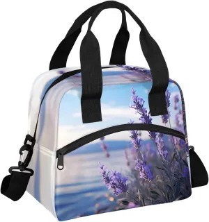 Insulated Lunch Bag for Men Women Adult, Scenic Lakeside Purple Lavender Reusable Lunch Box with Adjustable Shoulder Strap Large Leakproof Cooler Bag for Picnic Work