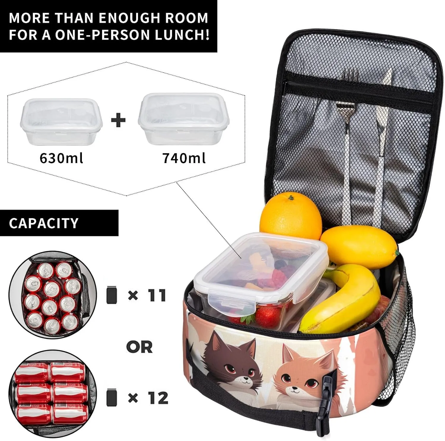 Insulated Lunch Bag for Men Women Reusable Lunch Box Cartoon Cat Lunchbox Leakproof Cooler Bags for Work Picnic