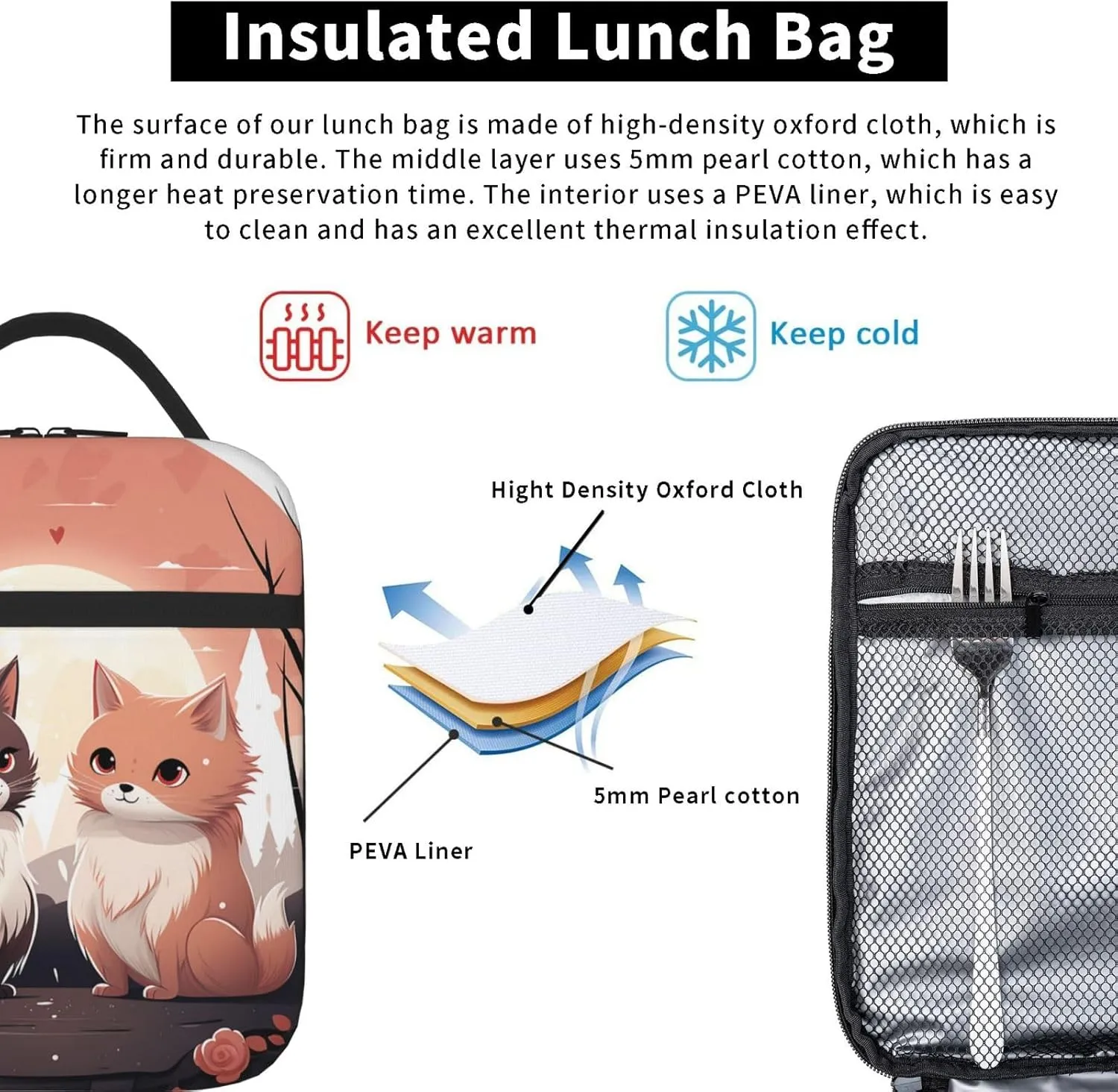 Insulated Lunch Bag for Men Women Reusable Lunch Box Cartoon Cat Lunchbox Leakproof Cooler Bags for Work Picnic