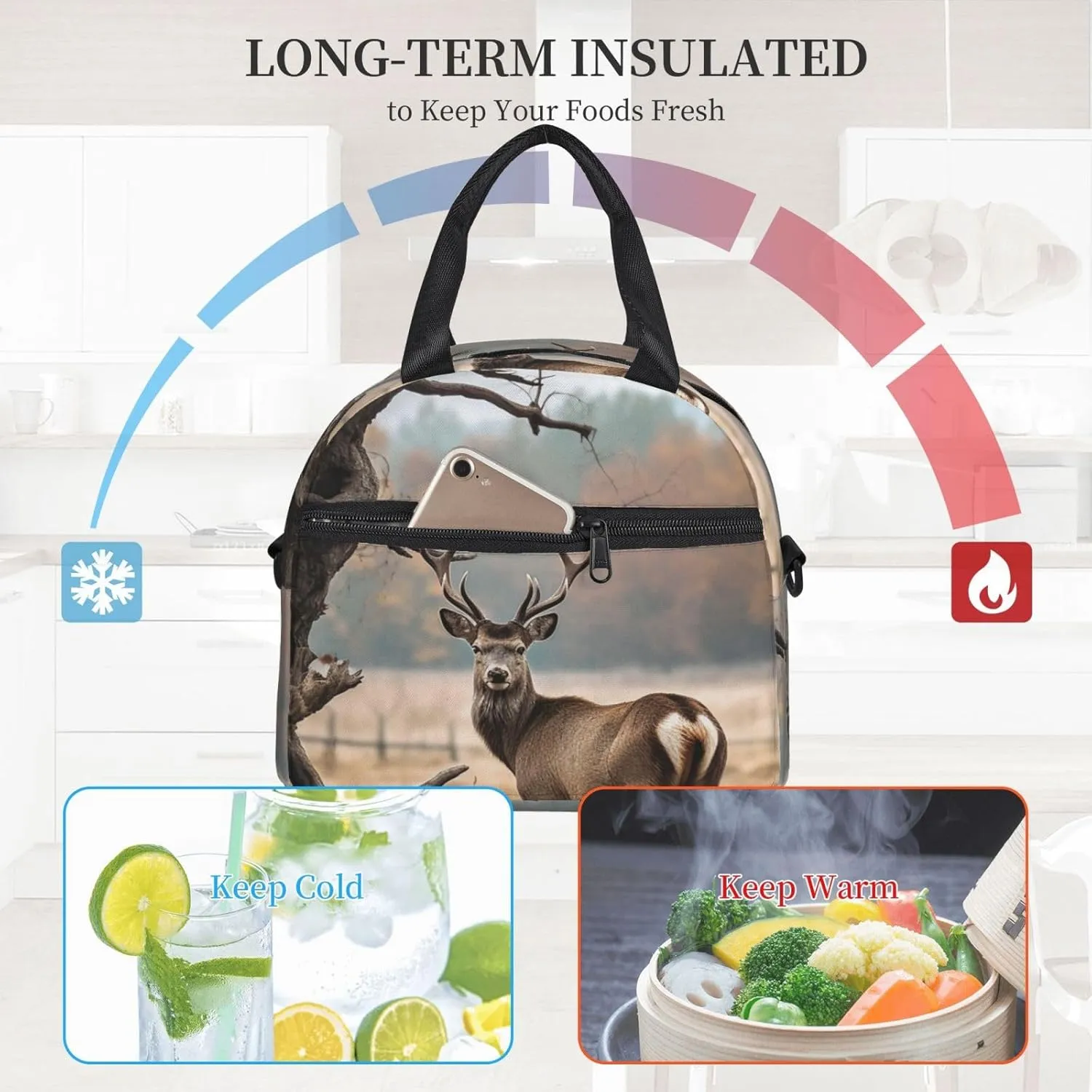 Insulated Lunch Bag for Women Men Brown Deer Near Withered Tree Lunch Box Leakproof Reusable Lunchbox Adult Lunch Tote Bag with Adjustable Shoulder Strap Lunch Cooler Bag for Work Travel Picnic