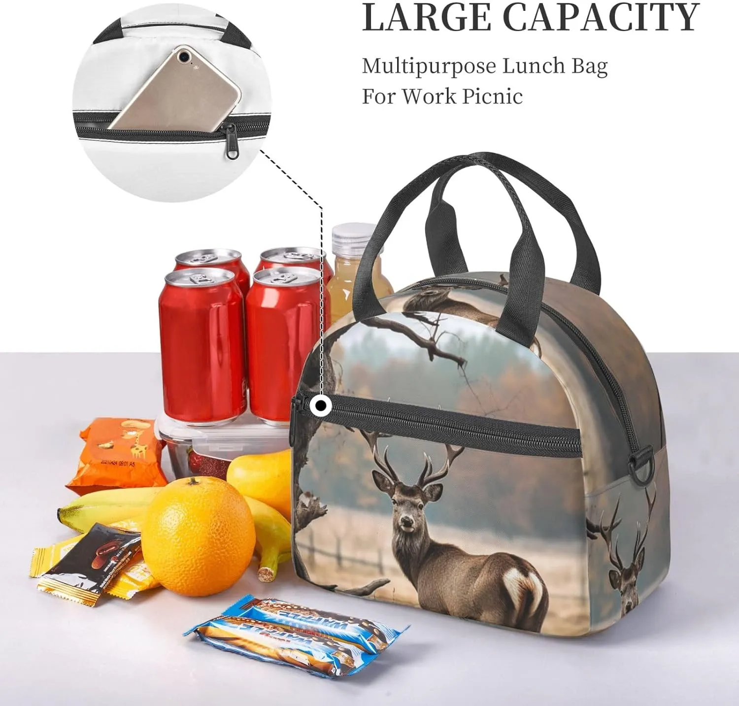 Insulated Lunch Bag for Women Men Brown Deer Near Withered Tree Lunch Box Leakproof Reusable Lunchbox Adult Lunch Tote Bag with Adjustable Shoulder Strap Lunch Cooler Bag for Work Travel Picnic