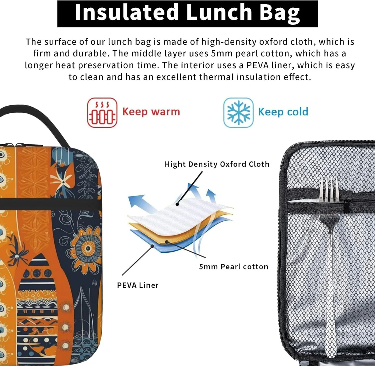 Insulated Lunch Bag for Women Men Complex Color Patterns Lunch Box Reusable Lunch Tote Bag for Work Picnic Travel
