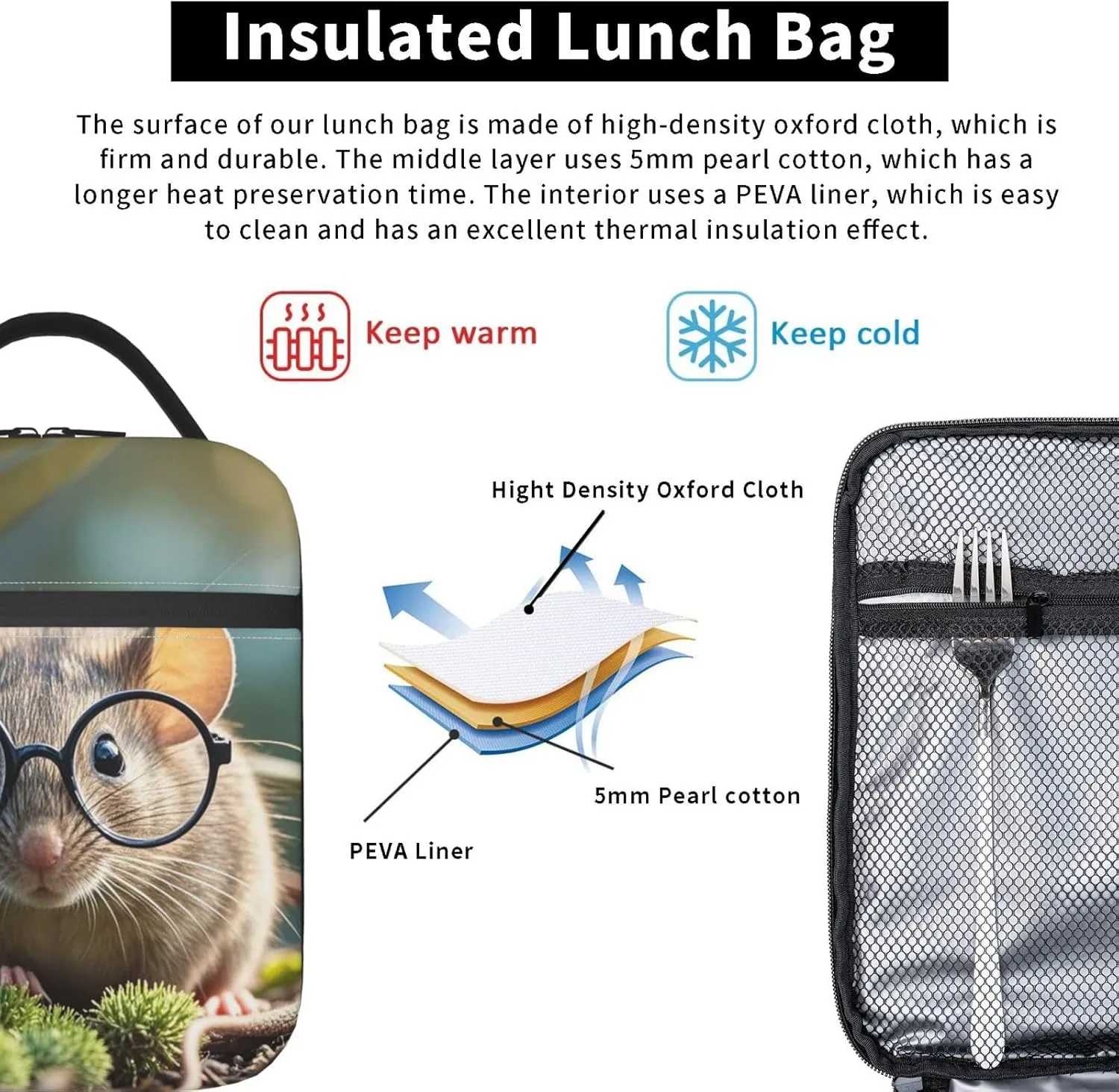 Insulated Lunch Bag for Women Men Portable Reusable Lunch Box Guinea Mouse With Glasses Lunch Tote Bag for Work Picnic Travel