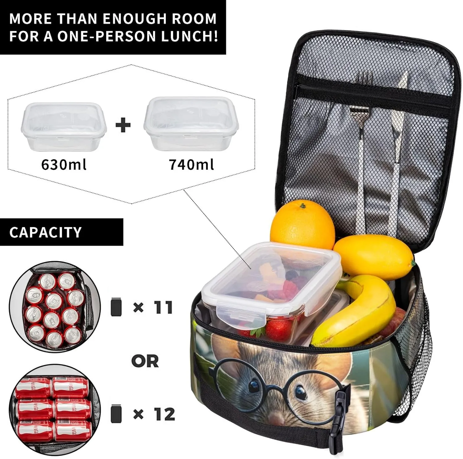 Insulated Lunch Bag for Women Men Portable Reusable Lunch Box Guinea Mouse With Glasses Lunch Tote Bag for Work Picnic Travel