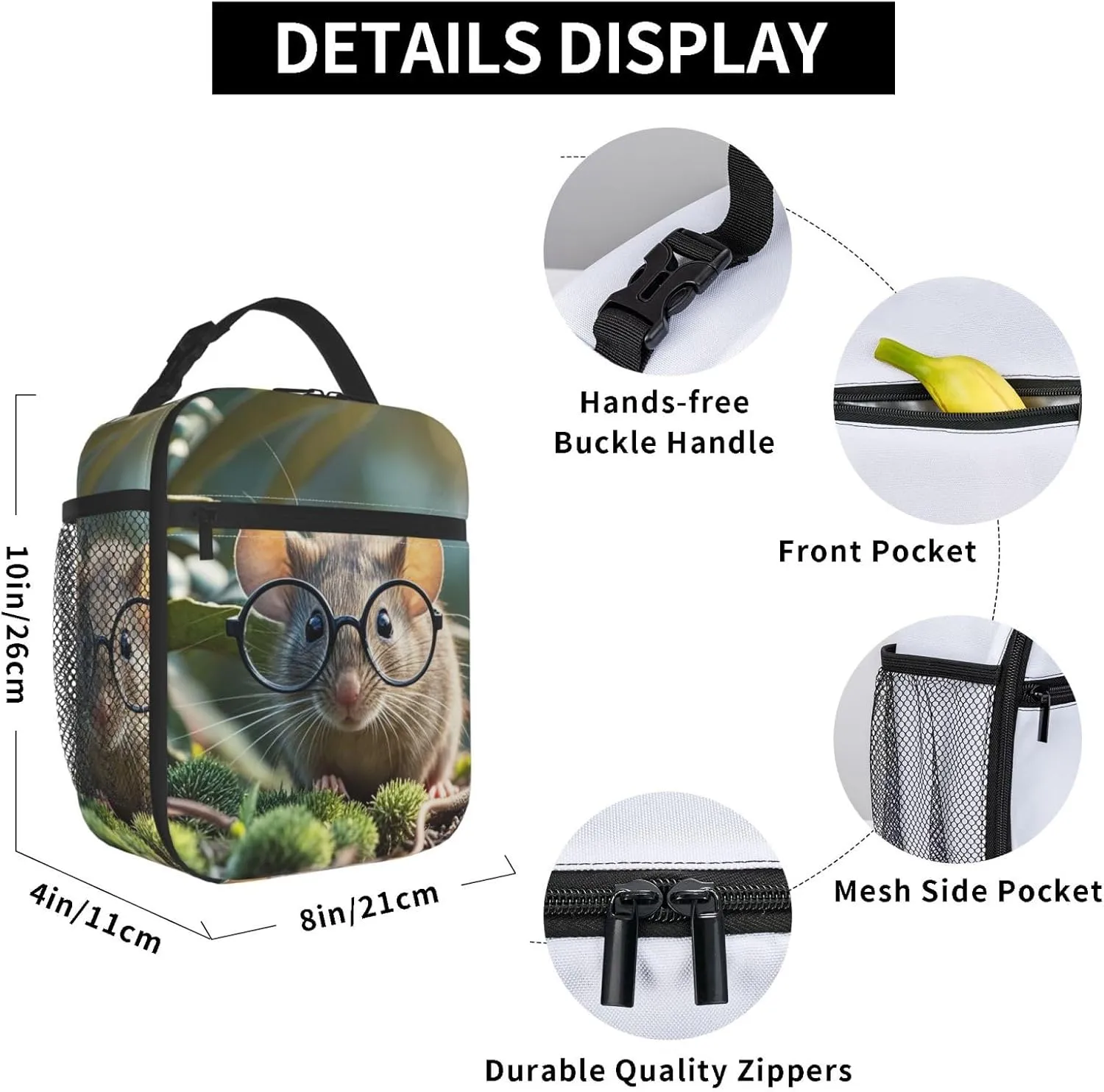 Insulated Lunch Bag for Women Men Portable Reusable Lunch Box Guinea Mouse With Glasses Lunch Tote Bag for Work Picnic Travel