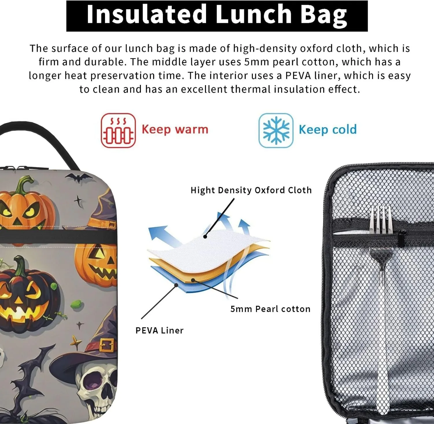 Insulated Lunch Bag for Women Men Portable Reusable Lunch Box Halloween Decorations Lunch Tote Bag for Work Picnic Travel